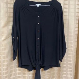 Black dressy blouse with silver buttons ties in front Brand Est 1946